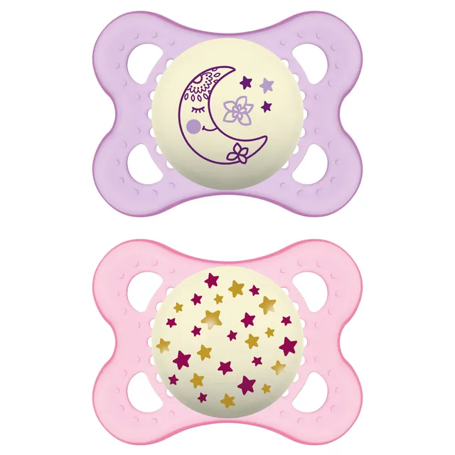 MAM Original Night 0+ Meses Chupete que Brilla en la Oscuridad, Silicona SkinSoft, con Caja Autoesterilizadora, Rosa, Pack de 2
