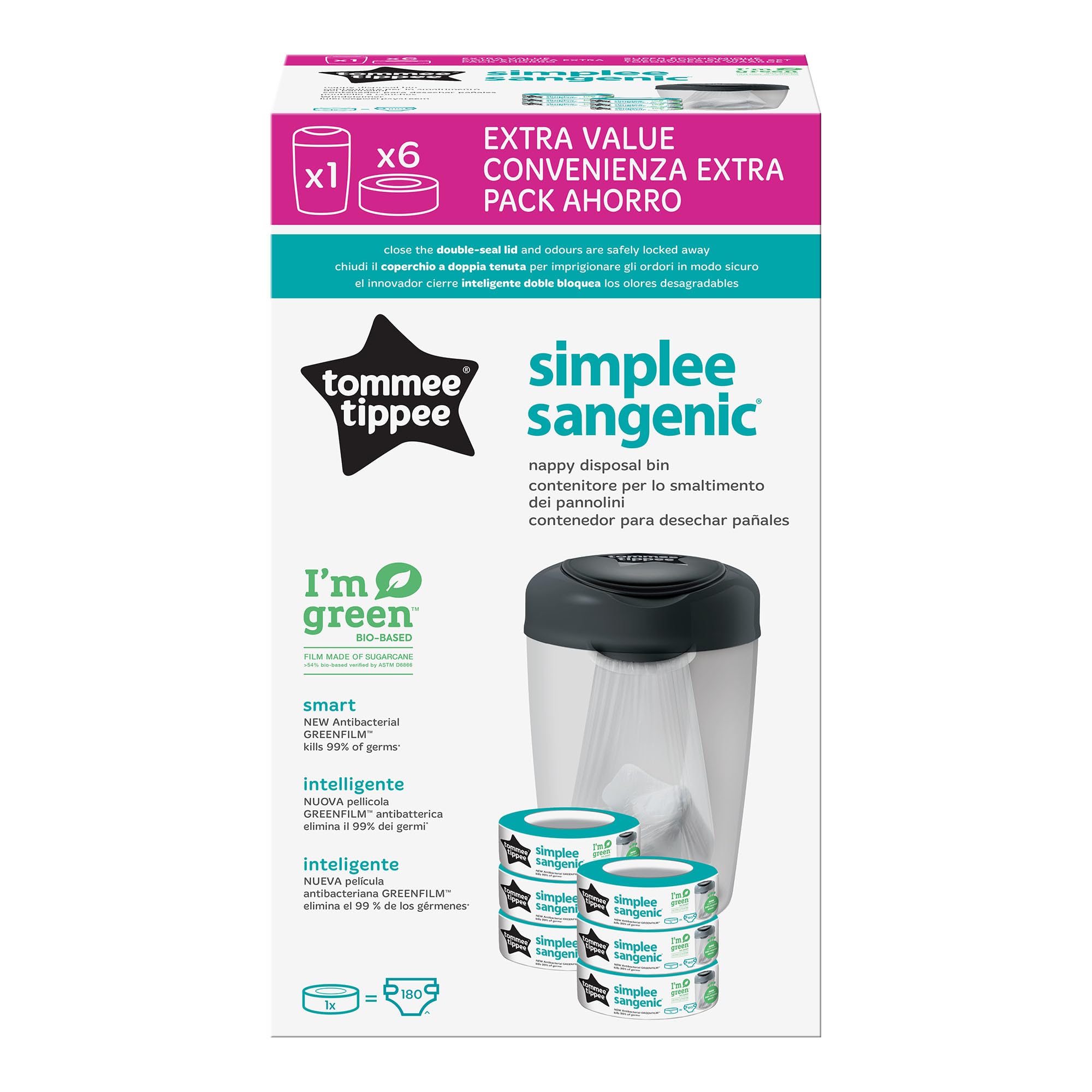 tommee-tippee-simplee-sangenic-contenedor-de-pa-ales-con-cartucho-greenfilm-anti image 2